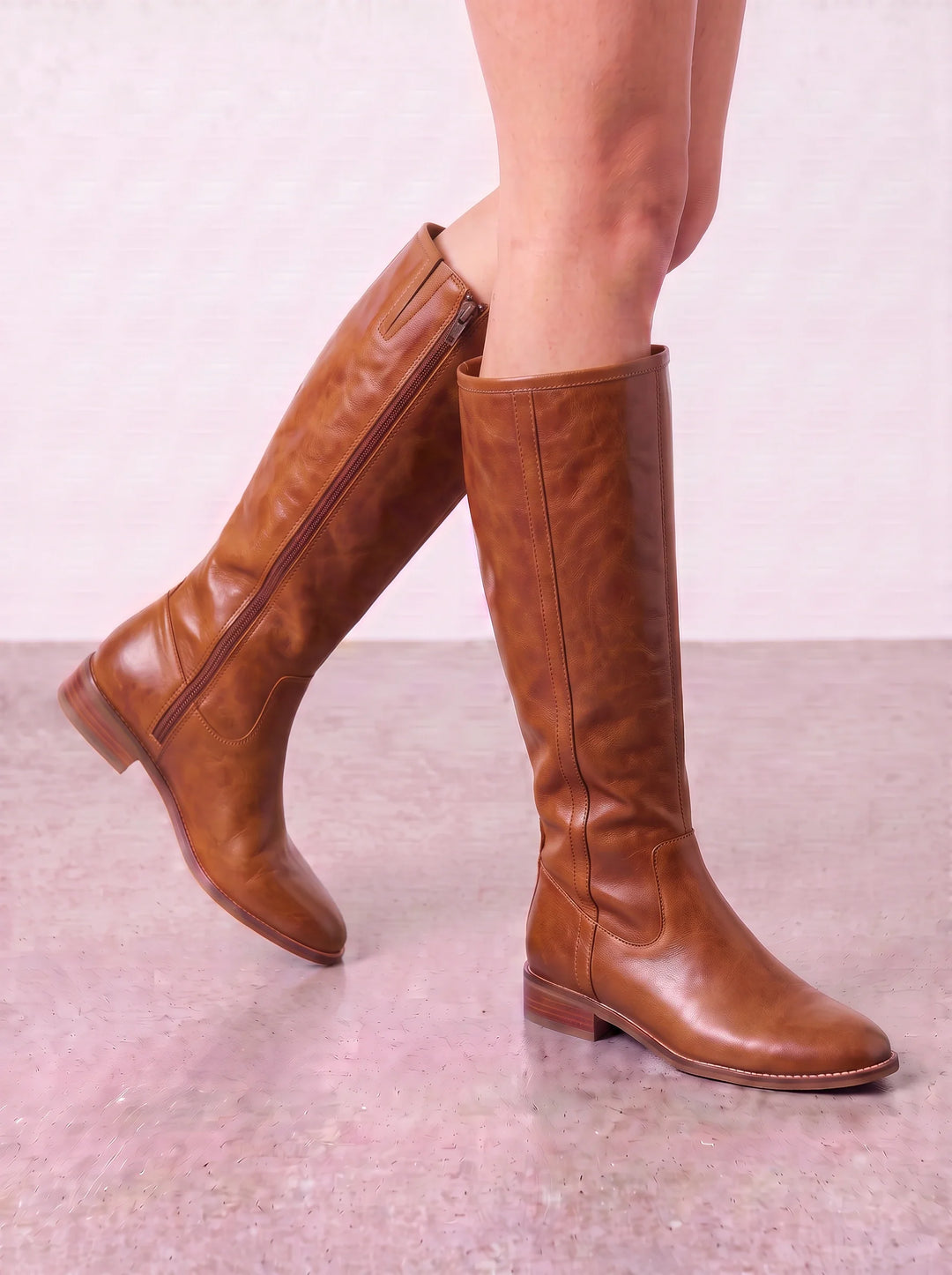 Side view of knee-high upper and side zipper, brown
