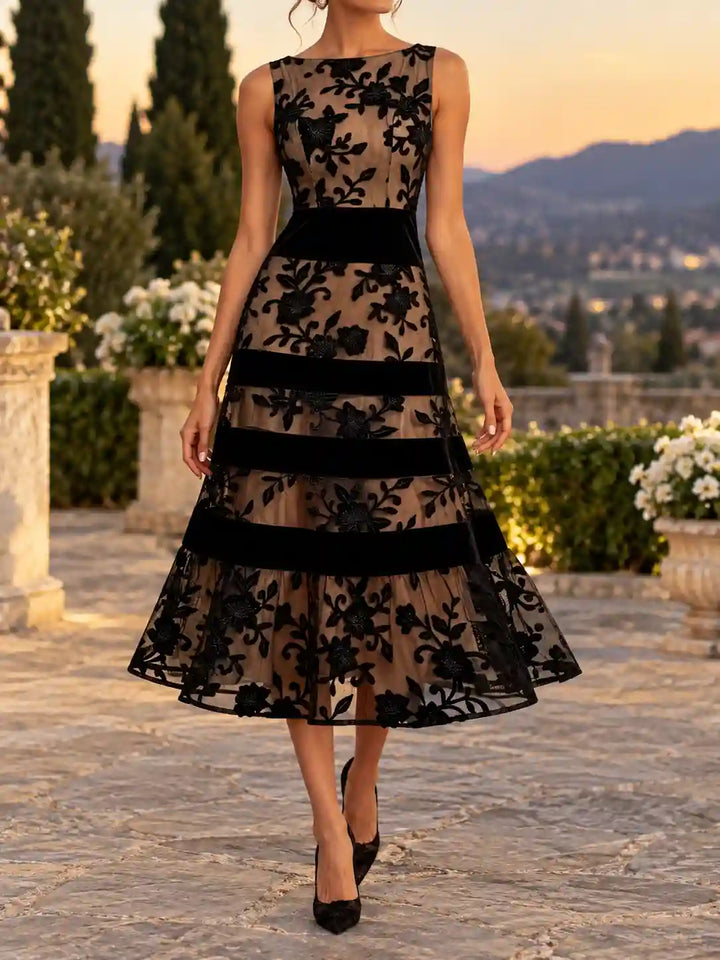 Gold Run | Women’s Sleeveless Floral Banded A-Line Midi Dress