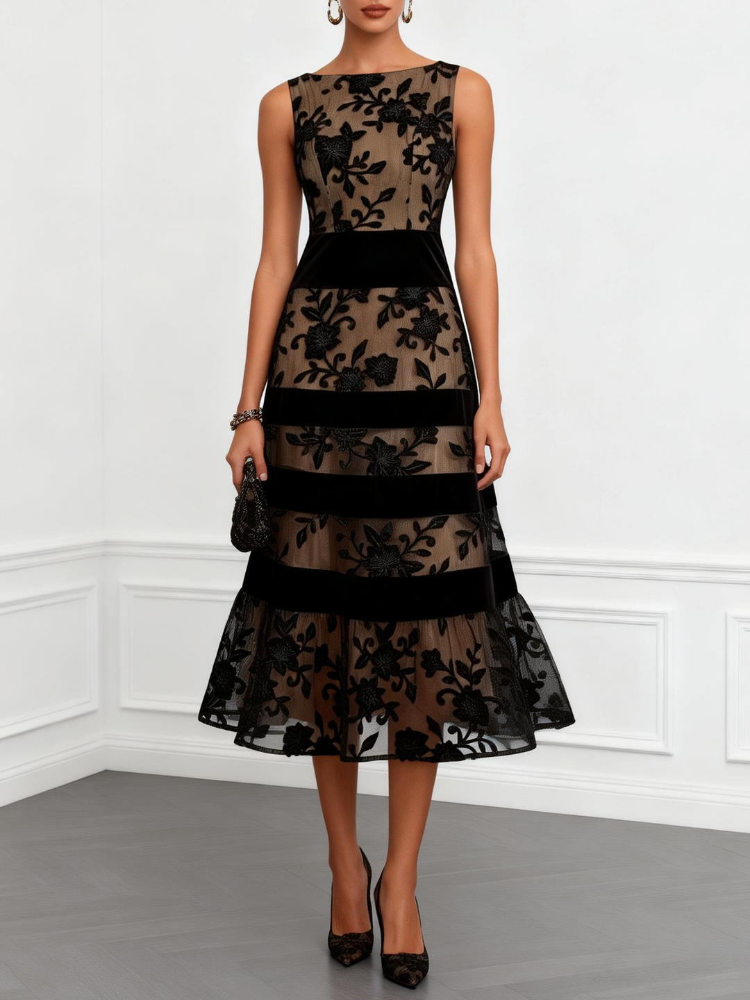 Gold Run | Women’s Sleeveless Floral Banded A-Line Midi Dress