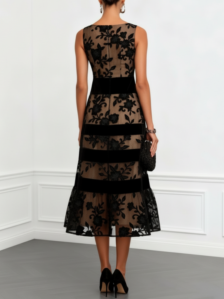 Gold Run | Women’s Sleeveless Floral Banded A-Line Midi Dress