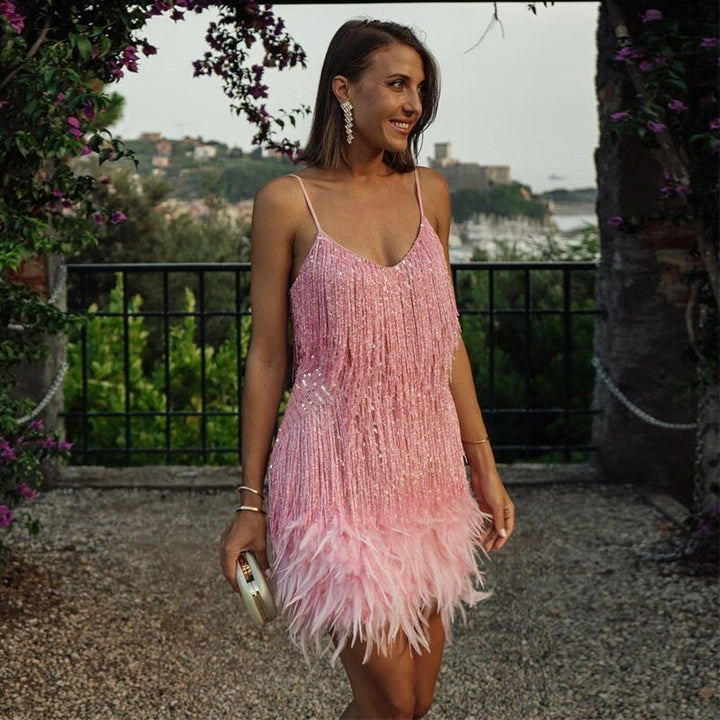 Auburn | Women’s Spaghetti Strap Sequin Fringe V-Neck Feather Mini Dress