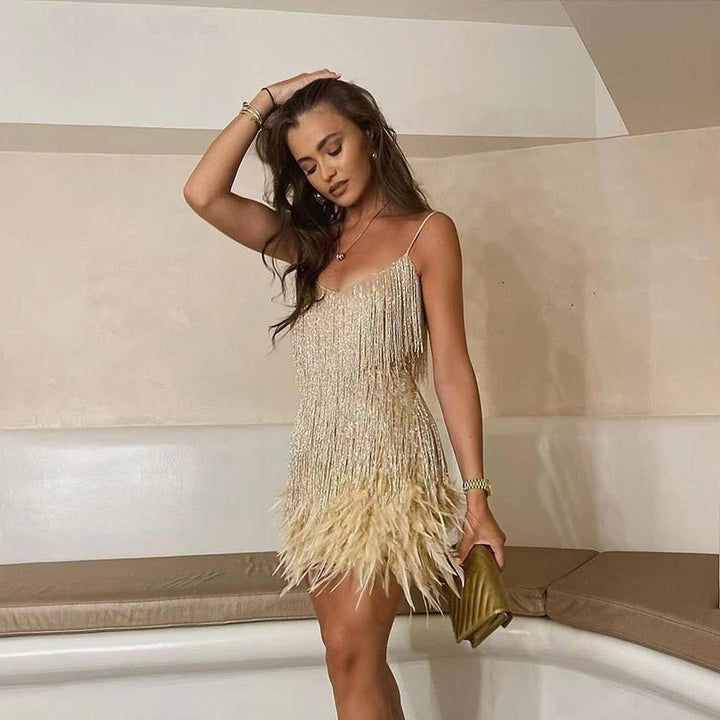 Auburn | Women’s Spaghetti Strap Sequin Fringe V-Neck Feather Mini Dress