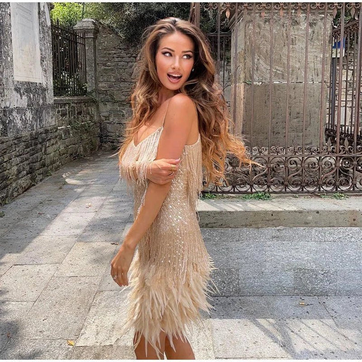 Auburn | Women’s Spaghetti Strap Sequin Fringe V-Neck Feather Mini Dress