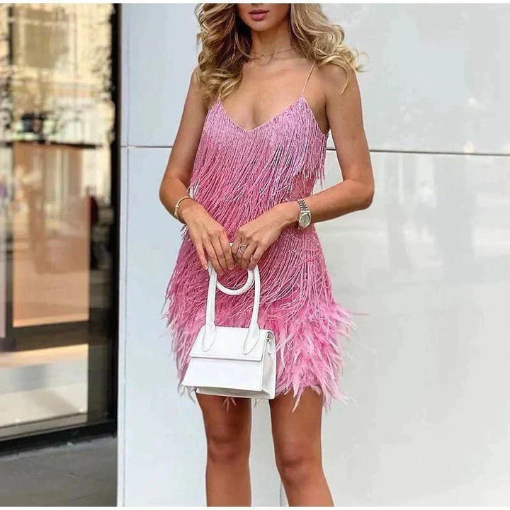 Auburn | Women’s Spaghetti Strap Sequin Fringe V-Neck Feather Mini Dress