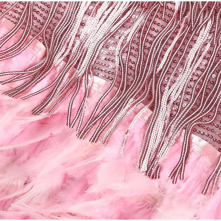Auburn | Women’s Spaghetti Strap Sequin Fringe V-Neck Feather Mini Dress