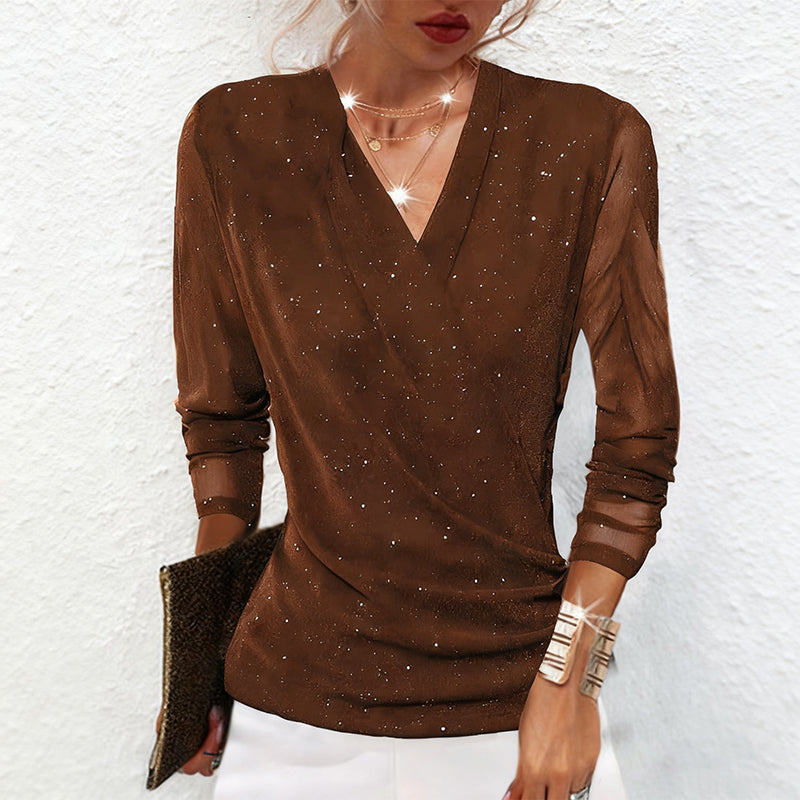 Front view showing v-neckline and long sleeves, brown