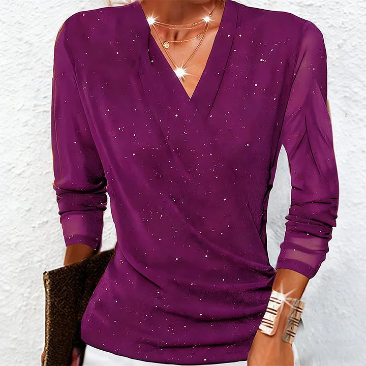 Front view showing v-neckline and long sleeves, purple