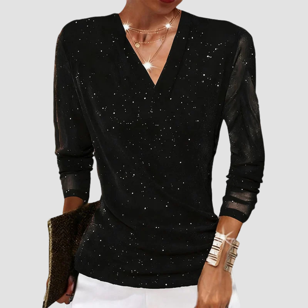 Front view showing v-neckline and long sleeves, black