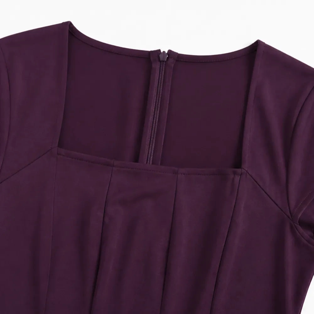 Detail view of square neckline and back zipper