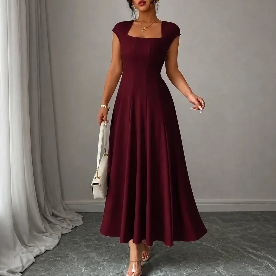 Front view showing square neckline, cap sleeves and skirt