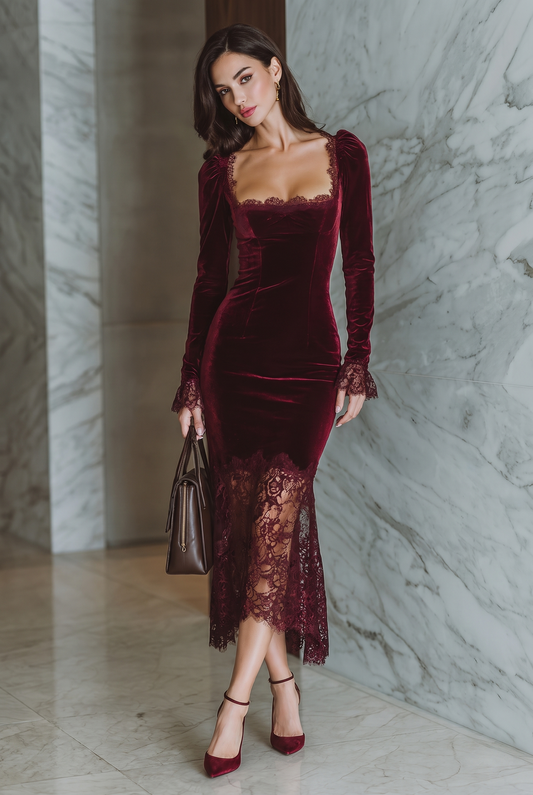 Front view of square neckline, long sleeves with ruffle cuffs and lace hem, burgundy