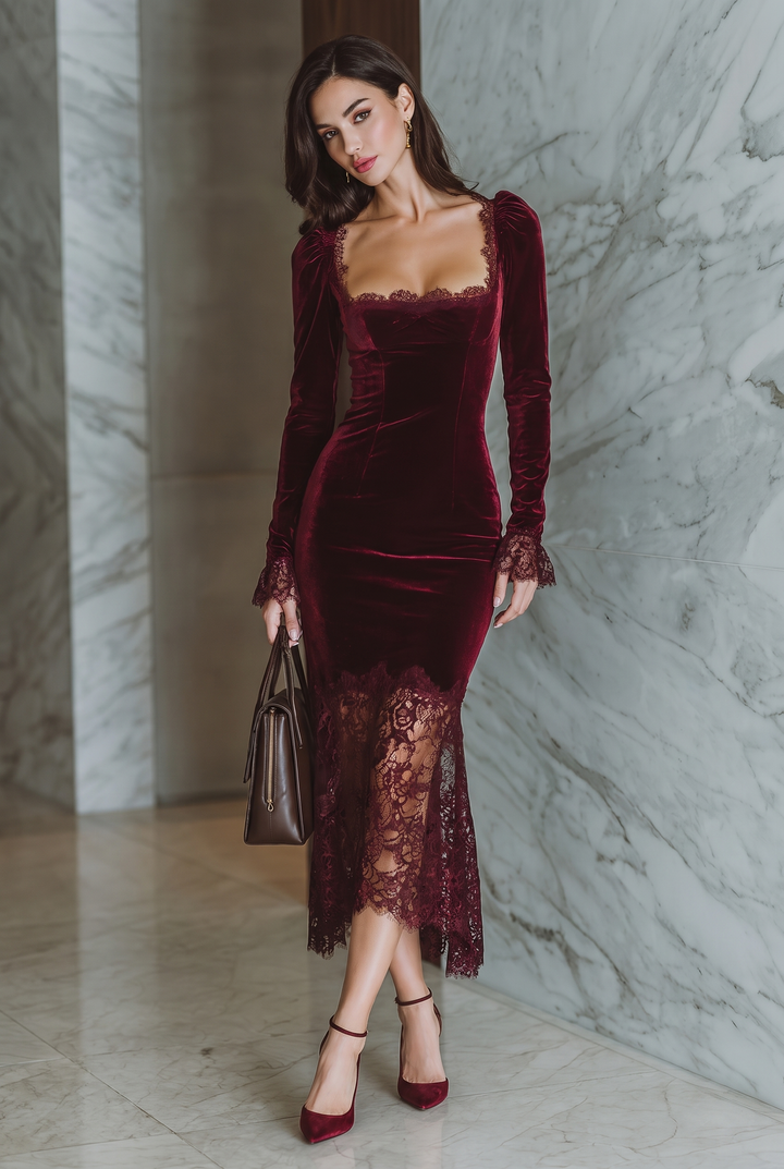 Front view of square neckline, long sleeves with ruffle cuffs and lace hem, burgundy