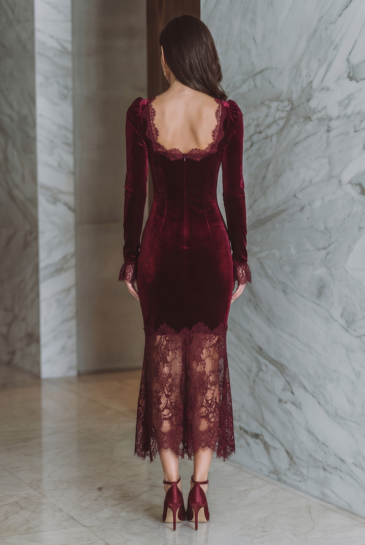 Back view of square neckline, back zipper and lace skirt panel