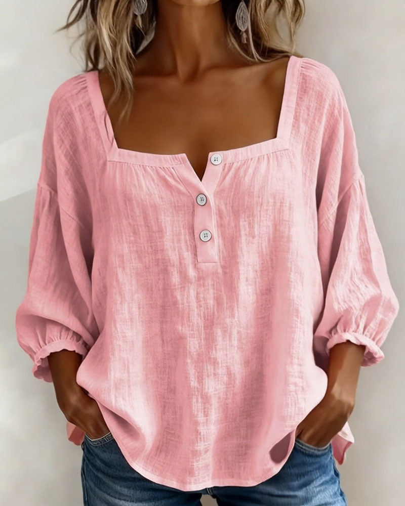 Front view of square neckline and button placket, pink