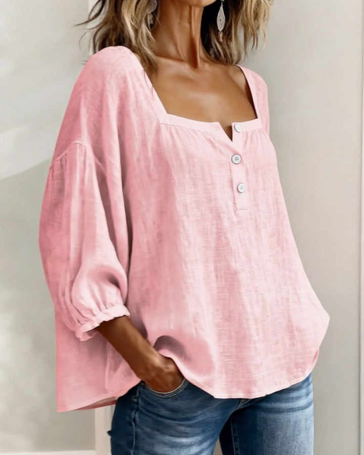 Front view of square neckline and gathered cuff