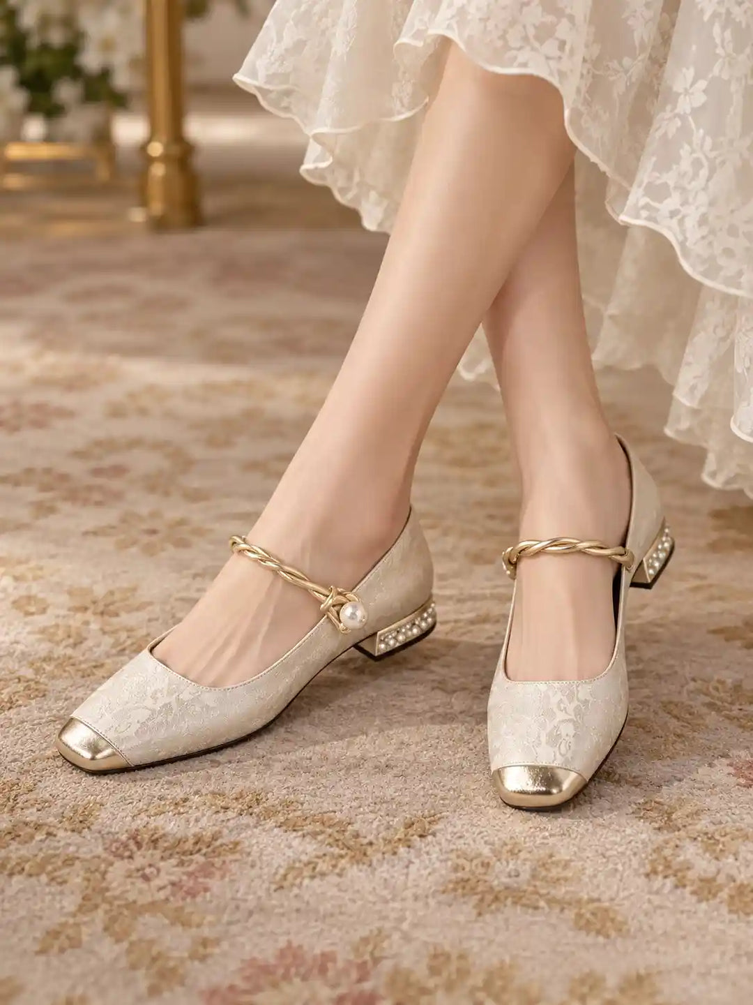 Rutherford | Women’s Square Toe Twisted Strap Pearl Accent Mary Jane Shoes