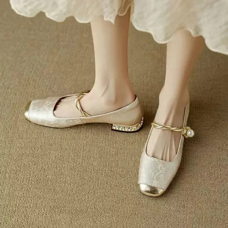 Rutherford | Women’s Square Toe Twisted Strap Pearl Accent Mary Jane Shoes