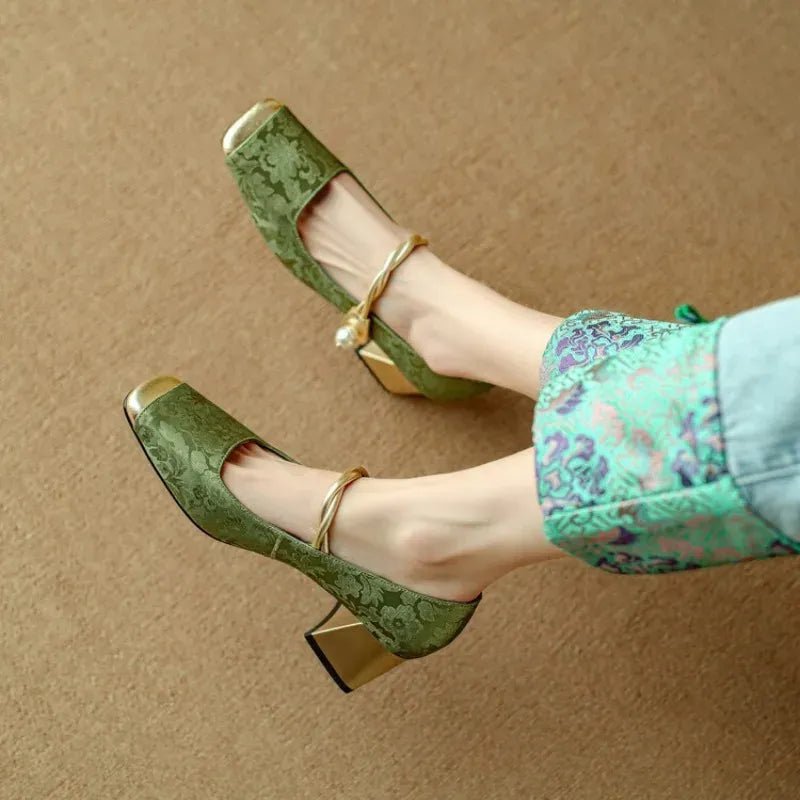 Rutherford | Women’s Square Toe Twisted Strap Pearl Accent Mary Jane Shoes