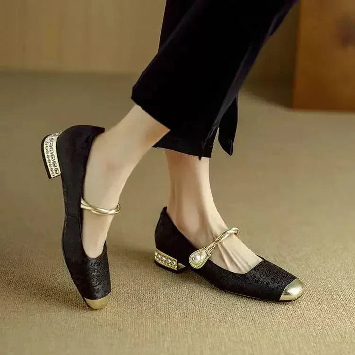 Rutherford | Women’s Square Toe Twisted Strap Pearl Accent Mary Jane Shoes