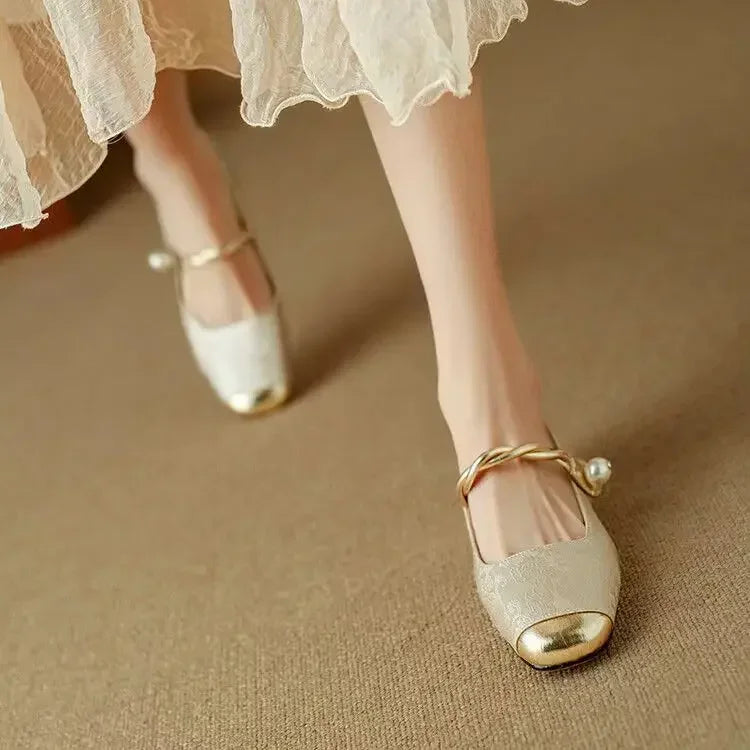 Rutherford | Women’s Square Toe Twisted Strap Pearl Accent Mary Jane Shoes
