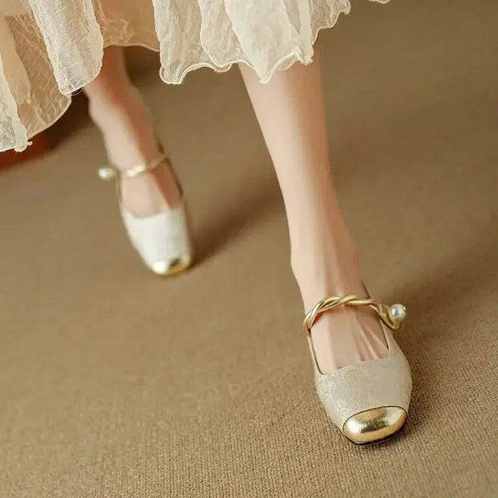 Rutherford | Women’s Square Toe Twisted Strap Pearl Accent Mary Jane Shoes