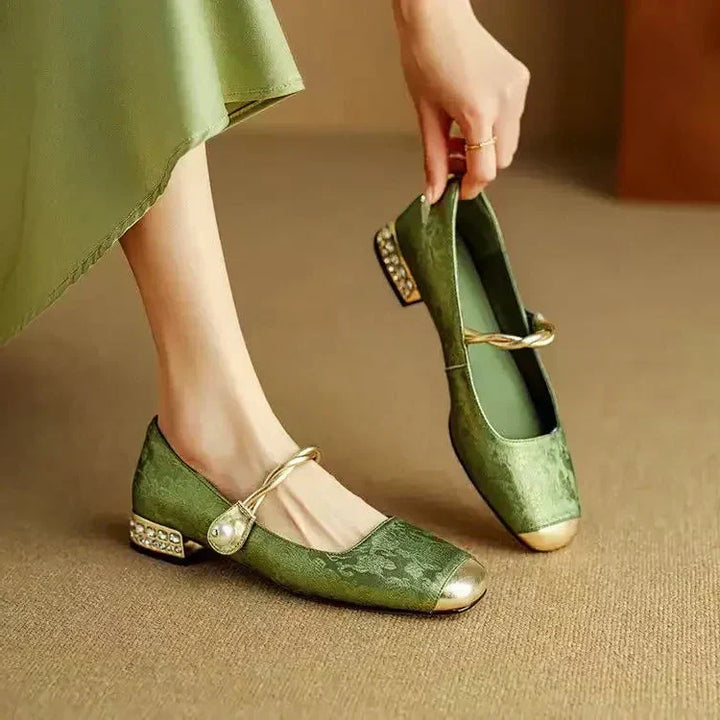 Rutherford | Women’s Square Toe Twisted Strap Pearl Accent Mary Jane Shoes