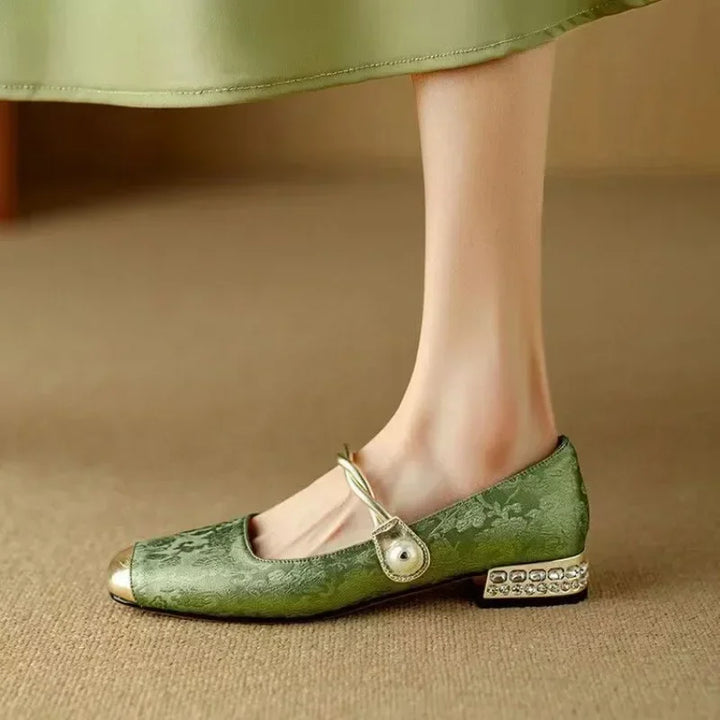 Rutherford | Women’s Square Toe Twisted Strap Pearl Accent Mary Jane Shoes