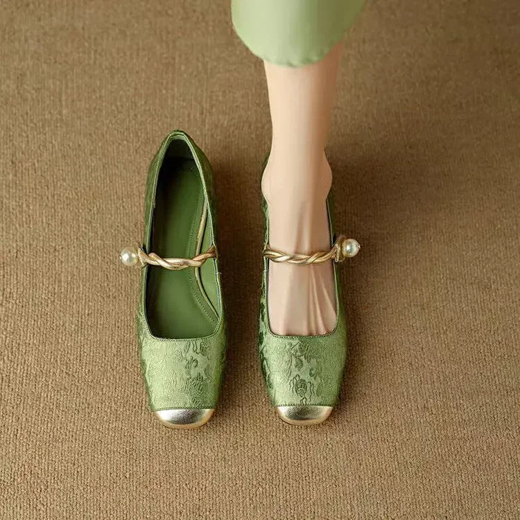 Rutherford | Women’s Square Toe Twisted Strap Pearl Accent Mary Jane Shoes