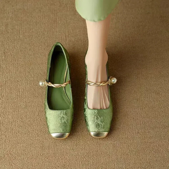 Rutherford | Women’s Square Toe Twisted Strap Pearl Accent Mary Jane Shoes