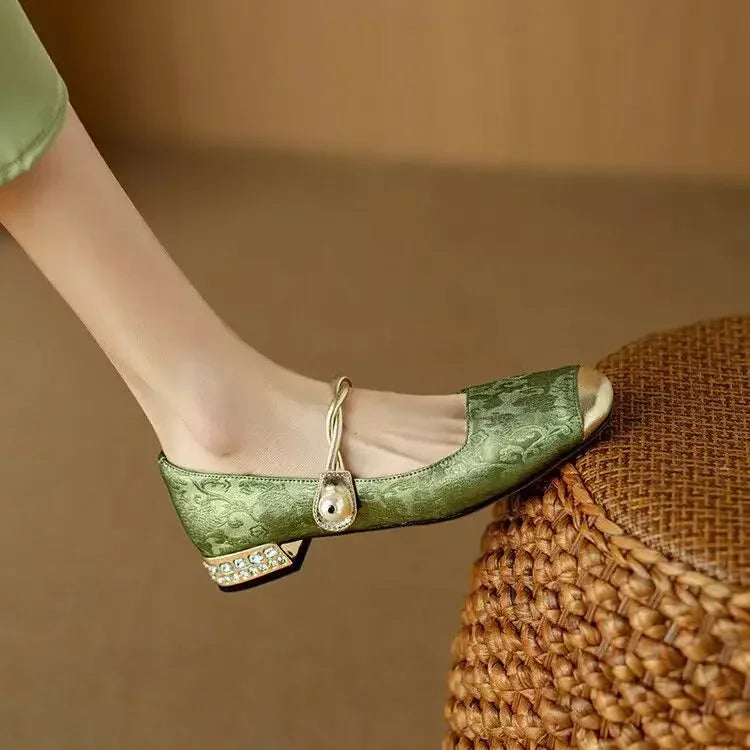 Rutherford | Women’s Square Toe Twisted Strap Pearl Accent Mary Jane Shoes