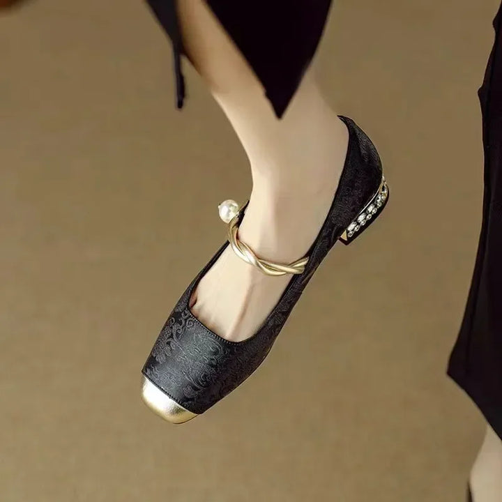 Rutherford | Women’s Square Toe Twisted Strap Pearl Accent Mary Jane Shoes