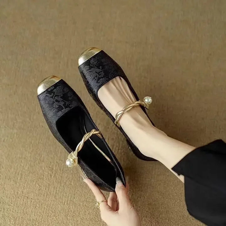 Rutherford | Women’s Square Toe Twisted Strap Pearl Accent Mary Jane Shoes