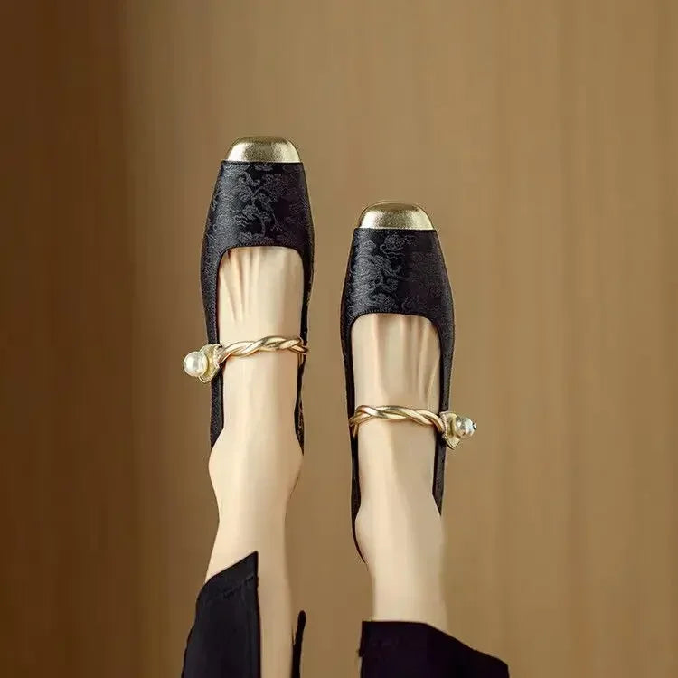 Rutherford | Women’s Square Toe Twisted Strap Pearl Accent Mary Jane Shoes