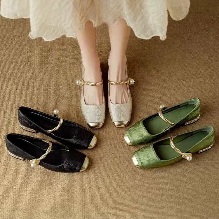 Rutherford | Women’s Square Toe Twisted Strap Pearl Accent Mary Jane Shoes