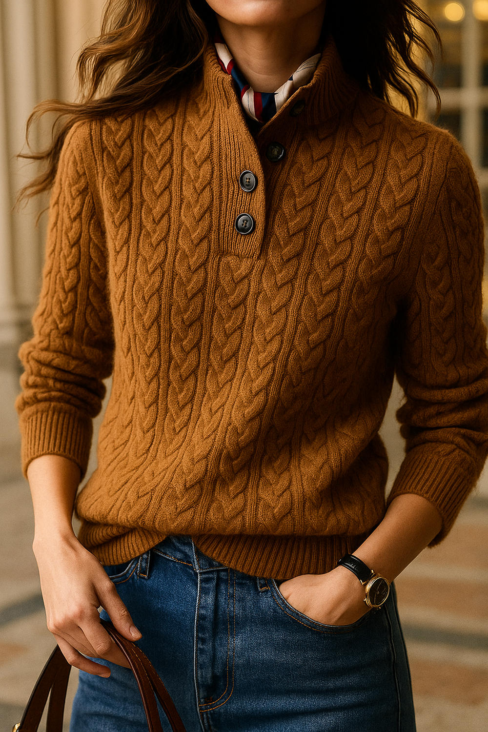 Front view of button placket and cable-knit bodice, camel