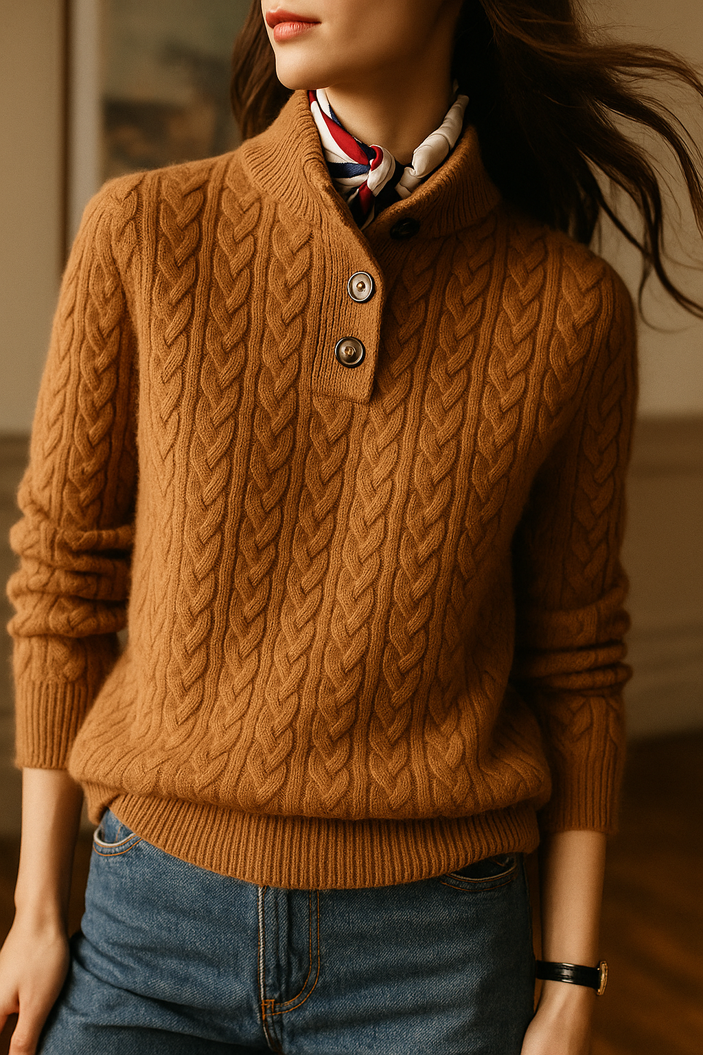 Side view of stand collar and cable-knit sleeve
