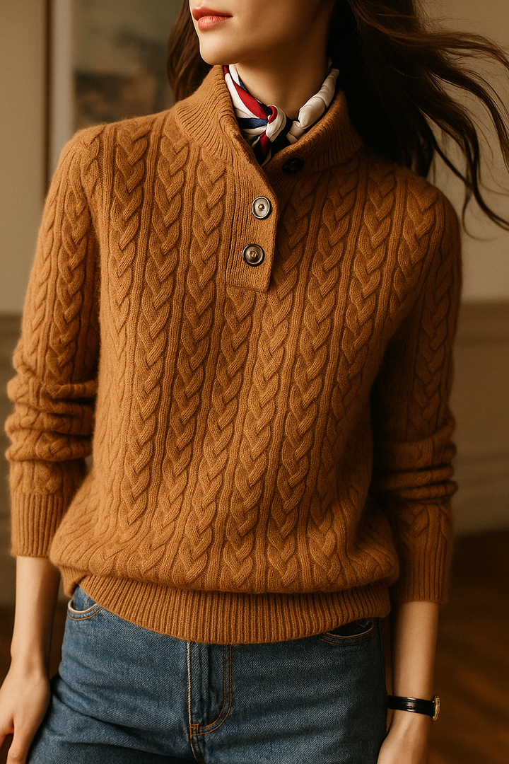 Side view of stand collar and cable-knit sleeve