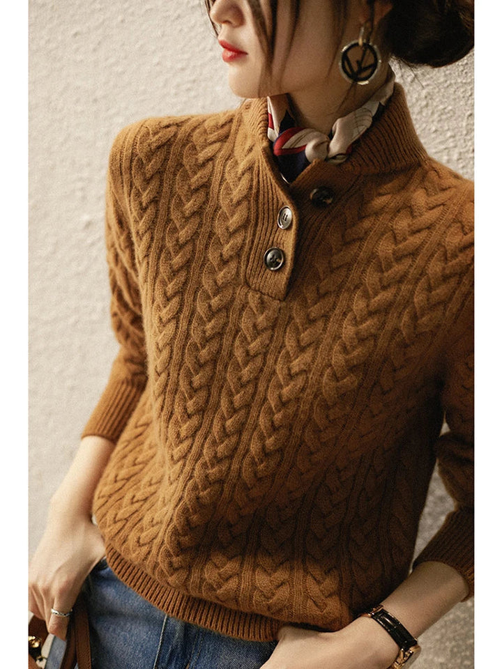 Side view of button placket and cable-knit bodice