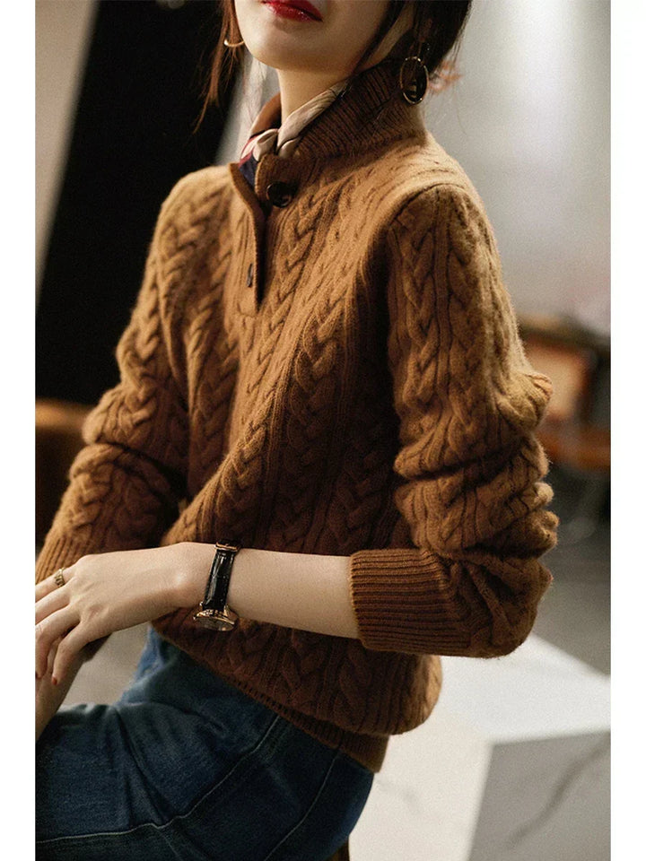 Side view of cable-knit sleeve and bodice