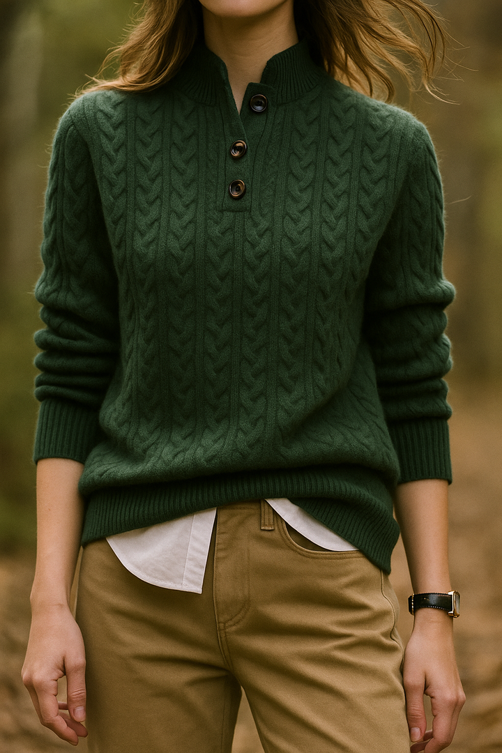 Front view of stand collar, button placket and cable-knit bodice, olive