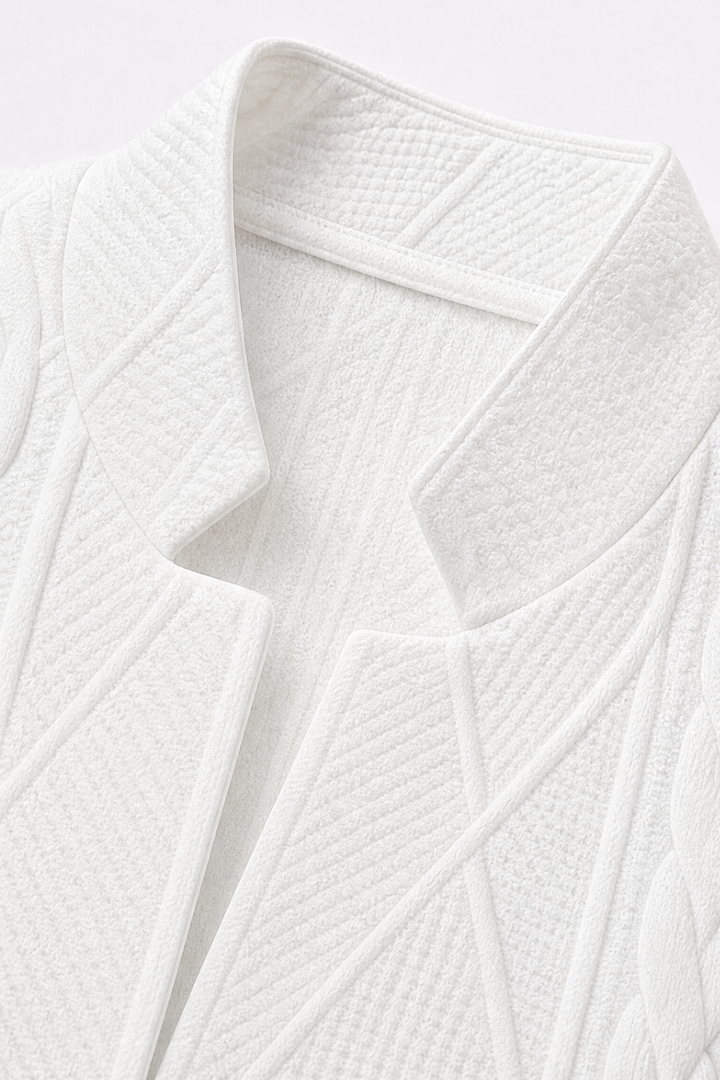 Detail view of stand collar and notched neckline