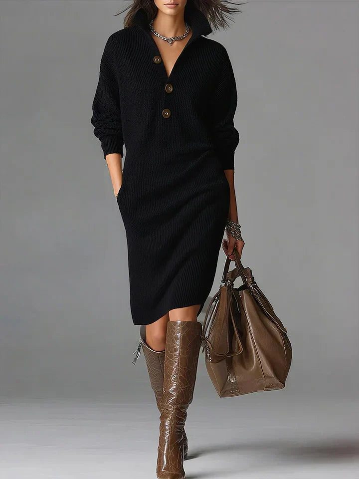 Front view showing stand collar, long sleeves and side pocket, black