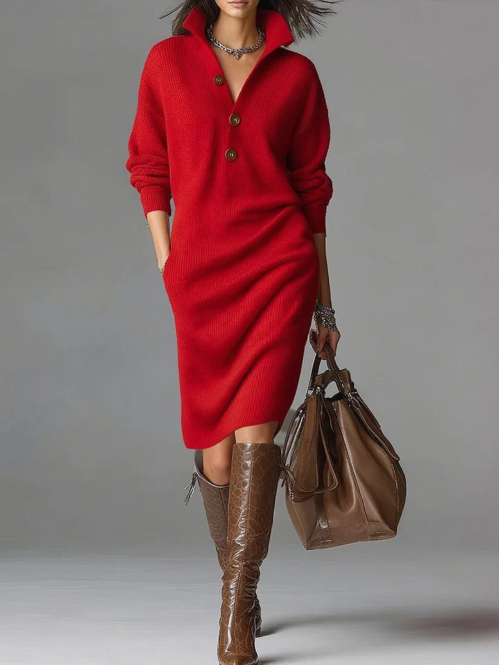 Front view showing stand collar, button placket and knee-length hem, red