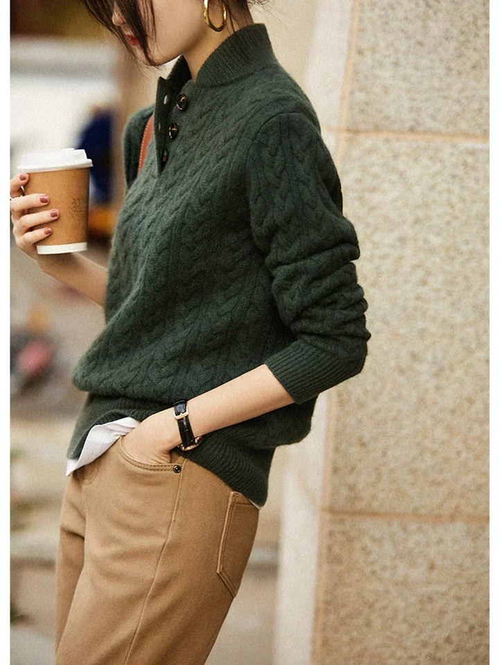 Side view of button placket and ribbed cuffs, olive