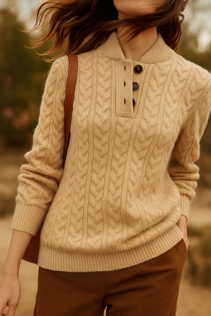 Front view of button placket and cable-knit bodice