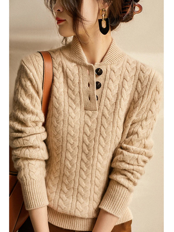 Front view of stand collar and long sleeves, khaki