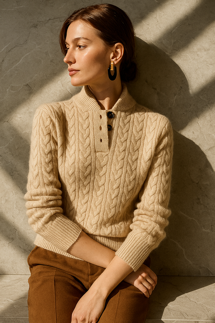 Front view of stand collar and ribbed cuffs