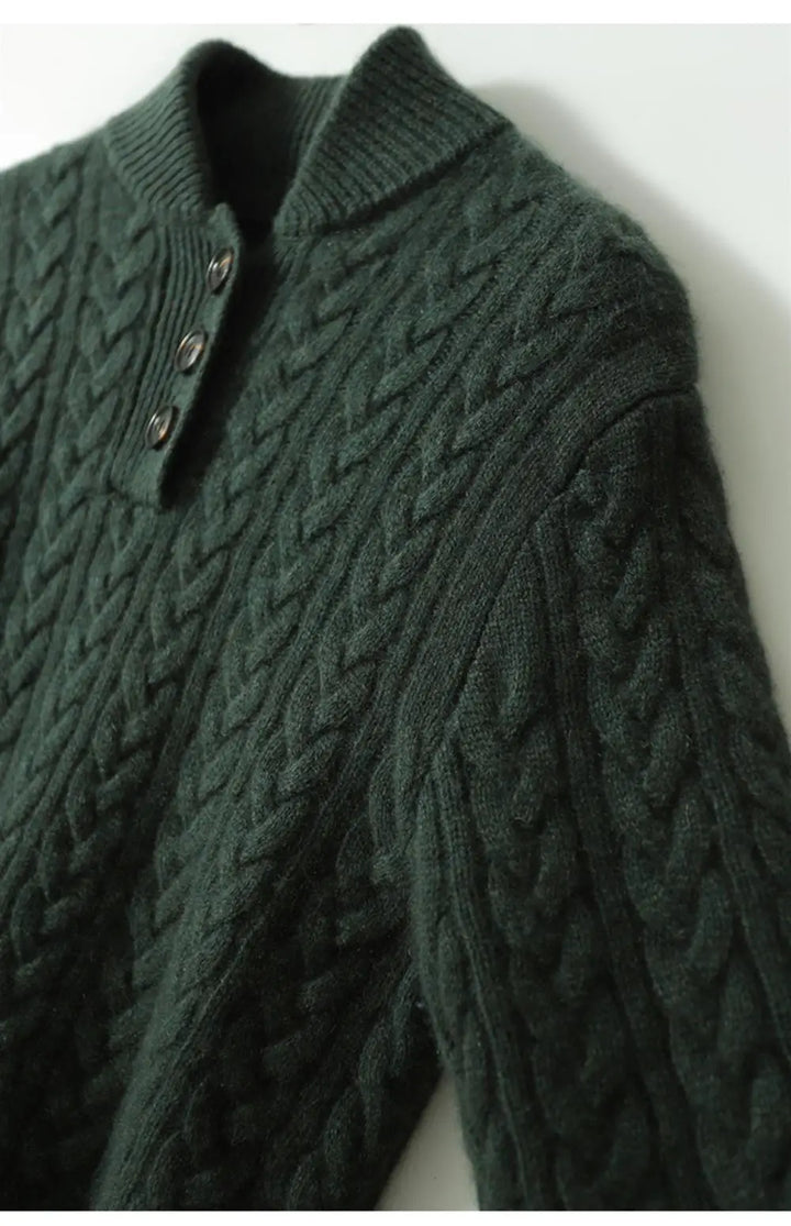 Detail view of stand collar and cable-knit sleeve