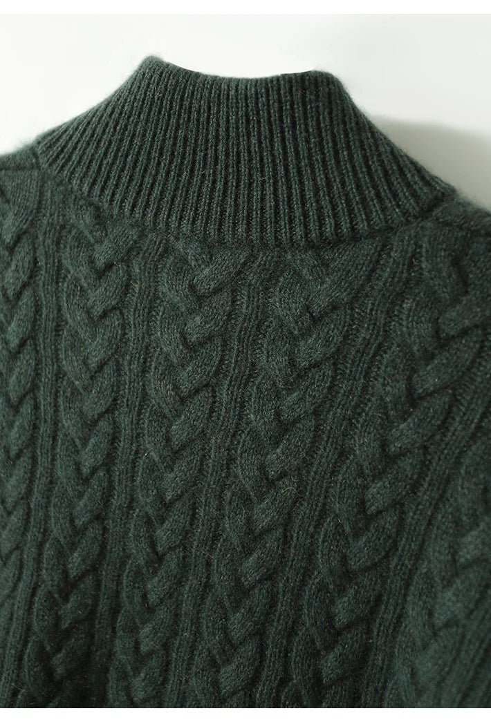 Detail view of ribbed stand collar and cable-knit bodice