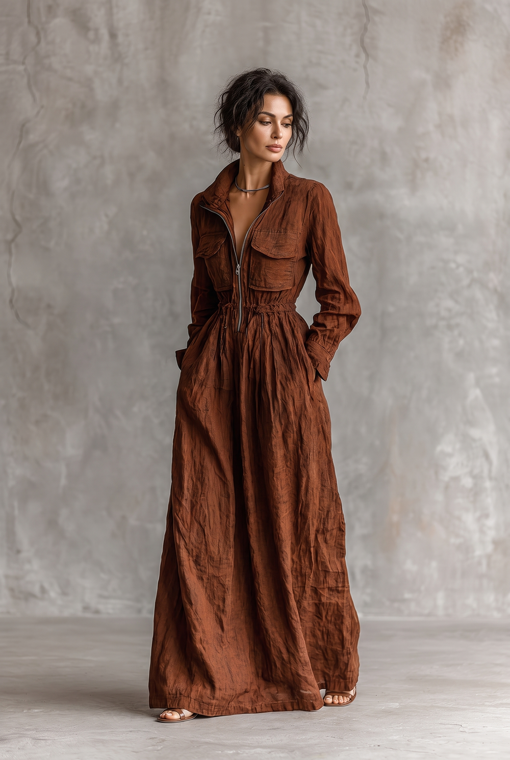 Front view showing stand collar, zipper placket, chest flap pockets and side pockets
